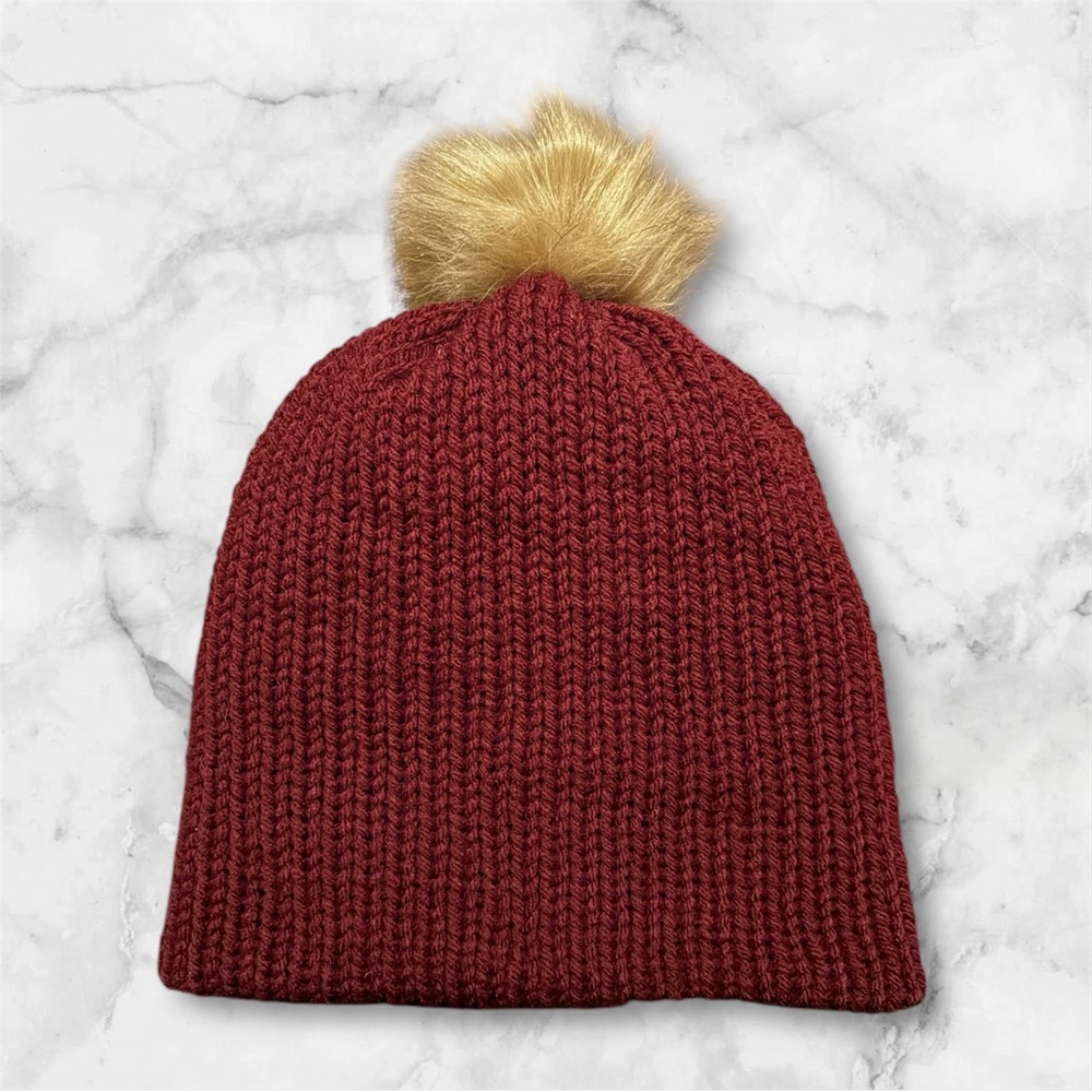 Handmade Maroon Knit Beanie with Faux Pom